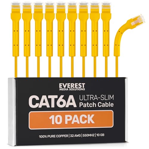 Image of Everest Ultra Slim Cat6a Ethernet Patch Cables 10ft (10-Pack) Yellow | Bendable, Thin and Flexible