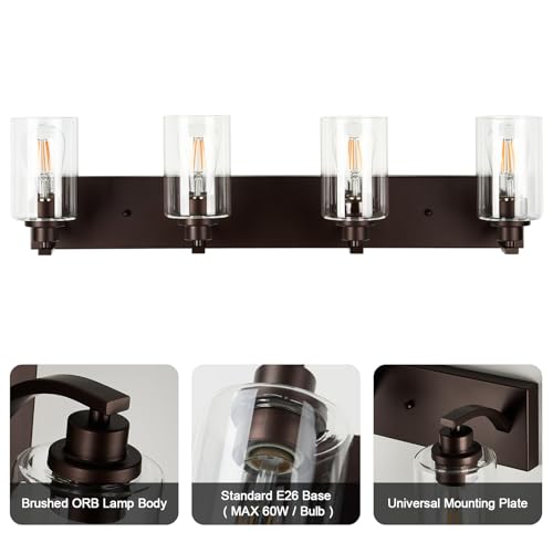 Image of 4-Light Bathroom Light Fixtures Modern ORB Vanity Lights | Easy to Install Clear Glass Shades, Wall Mount Up or Down, E26 Socket, Hardwired, 122V