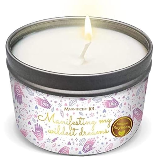 MAGNIFICENT 101 Affirmation Massage Candle - 6 Oz White Tin - Soy Candle Aromatherapy Meditation with Sage & Palo Santo Scent for Healing & Abundance - Manifesting My Wildest Dreams