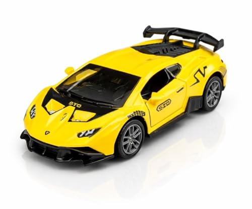 Image of 1:36 Scale Lamborghini Huracan STO Die-Cast Car - Alloy Pull Back Toy Vehicle with Openable Doors, Realistic Detailing Sports Car Model for Kids, Boys & Collectors (Yellow)