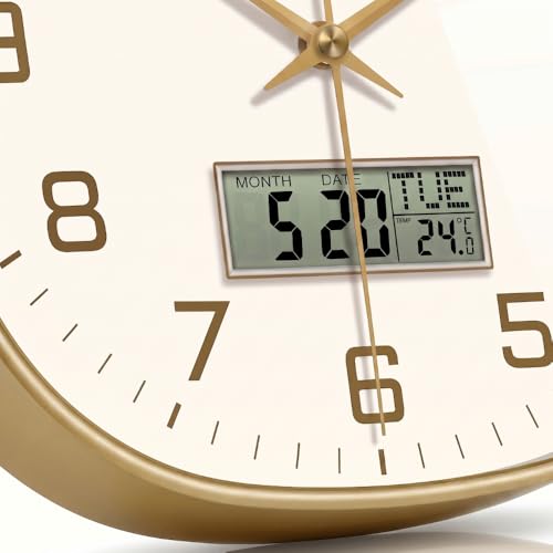 Image of STAR WORK 12 inch Inch Square Silent Non-Ticking Quartz Movement Wall Clock with Analog & Digital Display | Easy-to-Read Numbers | Modern Design for Living Room, Bedroom or Office (White - Gold Digital)