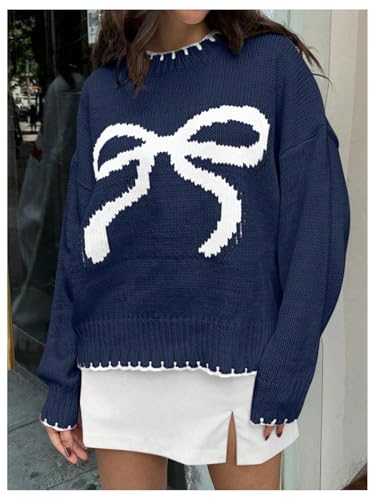 Women's Bow Graphic Long Sleeve Knitted Sweater Round Neck Drop Shoulder Pullover Sweaters2