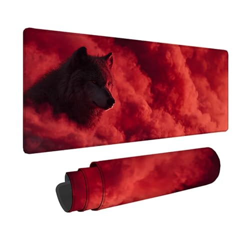 Tapis de souris XXL 150x80 cm rouge avec motif de loup et bords cousus pour bureau PC