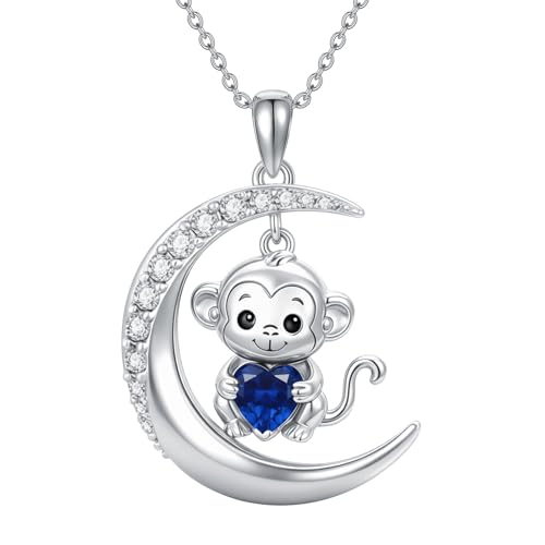 Image of PROESS Animal Birthstone Necklace 925 Sterling Silver Otter /Axolotl /Hippo /Elephant /Dachshund /Monkey /Red Panda Pendant Necklace Animal Birthstone Jewelry Gifts for Women