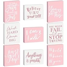 Rossesay 9 Pcs Mini Inspirational Wooden Signs Positive Quotes for Desk Motivational Quotes Table Wall Decor Tabletop Art Office Decor for Desk Home Classroom Office Employee GiftsPink