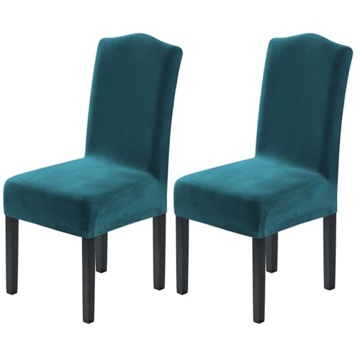 H.VERSAILTEX Velvet Dining Chair Covers Stretch Chair Covers for Dining Room Set of 2 Parson Chair Slipcovers Chair Protectors Covers Dining, Soft Thick Solid Velvet Fabric Washable, Deep Teal