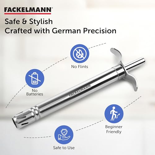 Image of Fackelmann Stainless Steel Gas Lighter | Strong Sturdy & Durable | Rust Resistant | 1 Year Warranty | Ideal for Any Gas Stove appliance | No Batteries | Works on Piezo-Electric Effect Principle - 17cm