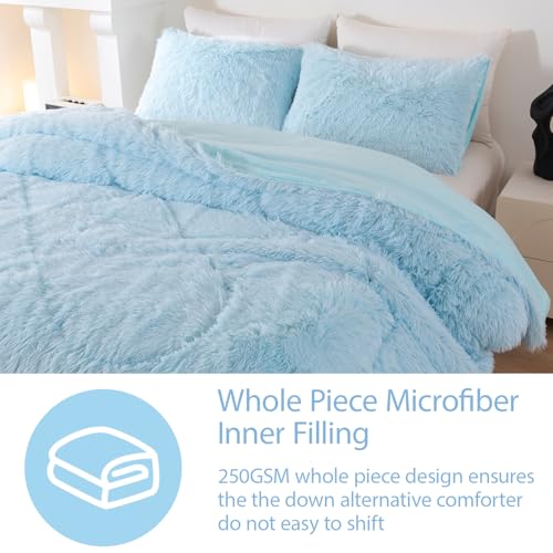 Image of Light Blue Fluffy Girls Comforter Set Twin Size 3 Pieces Faux Fur Plush Shaggy Bedding Set for Teen Girls Soft Warm Furry Velvet Kids Bed Sets (Light Blue, Twin)