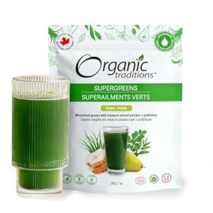 Organic Traditions Super Greens Superfood Powder with Turmeric, Made in Canada, Pear Flavour, Organic Greens Powder, Smoothie Booster, 200g/7oz Bag
