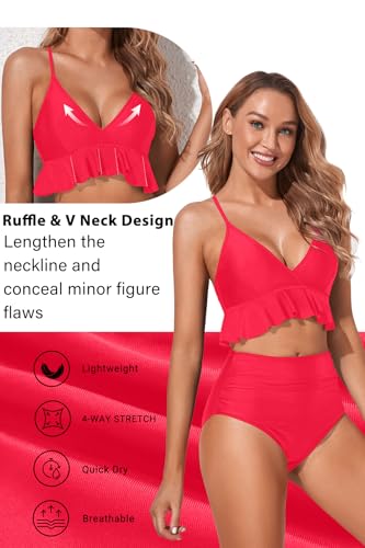 Image of Women Ruffle Bikini Set High Waisted Tummy Control Two Piece Swimsuits | Ruffle,High Waisted,Tummy Control,Removable Bra Pads,Adjustable Shoulder Straps,Full Coverage