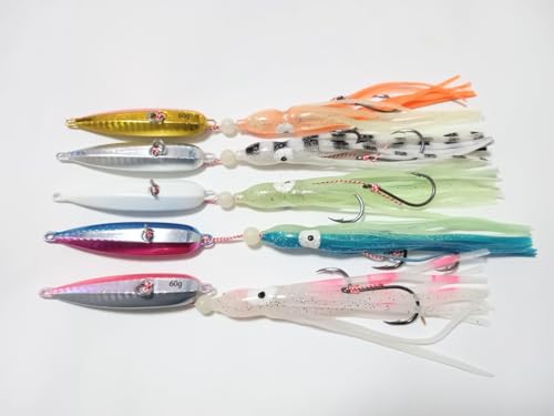 インチク 60g 5色あり 夜光玉付 蓄光 オモリ部分7.5cm タコベイト約12cm 青物 真鯛 マダイ メタルジグ タイラバ 鯛ラバ カブラ ジギング ブリ エソ マグロ カツオ アマダイ ルアー ボート オフショア 船釣り (5色セット)