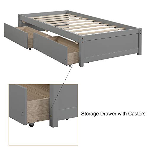 Twin Size Platform Bed With 2 Storage Drawers,Twin Bed Frame With Storage, Solid Wood Daybed With No Headboard For Kids Teen Grils Boys,Easy Assembly (Gray) #TOP5