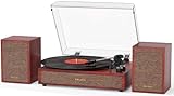 Vinyl Record Player with External Speakers, 3 Speed Vintage Stereo Turntable for Vinyl Records, Bluetooth Input, Auto Stop & Belt Driven System, RCA Out and Aux in - Light Red