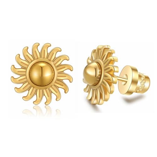 Image of ZOCOYUU Star and Sunburst Stud Earrings for Women,Hypoallergenic Surgical Steel Stud Earrings Cartilage Helix Flat Back Piercing Earrings Jewelry Birthday Gift Her (Golden Sun)