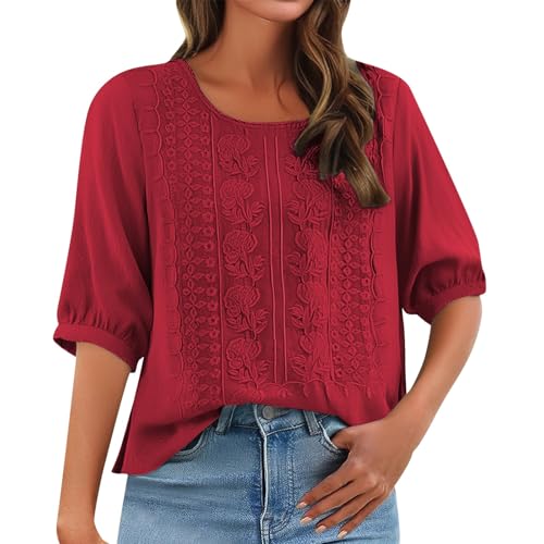 Image of Angxiwan Cotton Blouses for Women Linen Shirts for Women UK Casual Loose Fit Short Sleeve Tunic Tops Retro Floral Embroidery Jacquard Linen Blouse Solid Color Warehouse Deals Clearance B Red