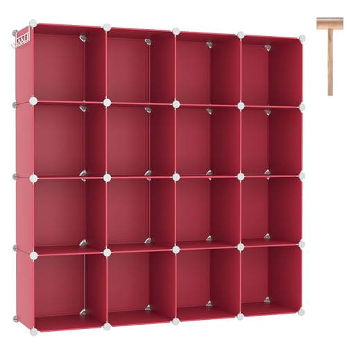 C&AHOME Cube Storage Organizer, 16-Cube Shelves Units, Plastic Storage Cubes, DIY Closet Organizer, Modular Closet Storage Shelves Ideal for Home, Bedroom, 48.4" L × 12.4" W × 48.4" H Red UPCS16R