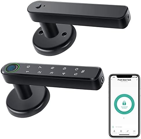 Fingerprint Door Lock, Tuya Smart Digital Lever Lock, Keyless Entry Handle Knob with Keypad, Fingerprint/Phone App/Passcode/Key Unlock, Smart Room Door Lock for Home Hotel Office Bedroom