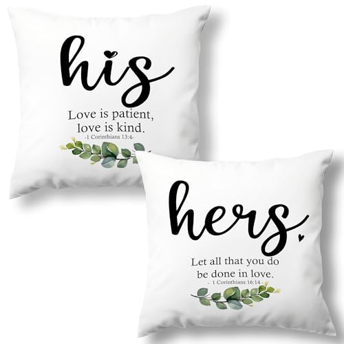 MNASAIOO Hers and His Couple Valentines Christian Decorative Throw Pillow Covers Set of 2, Let All That You Do Be Done in Love Gifts for Wedding Bride, Rustic Pillow Decor for Couch Bedroom 18x18in
