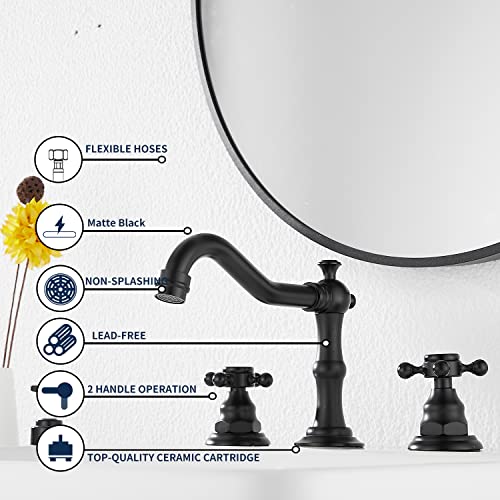 GGStudy Black Bathroom Faucet 2 Handles 3 Holes Faucet 8 inch Widespread Bathroom Sink Faucet Tap Mixer Supply Hose Included Matching Metal Pop Up Drain