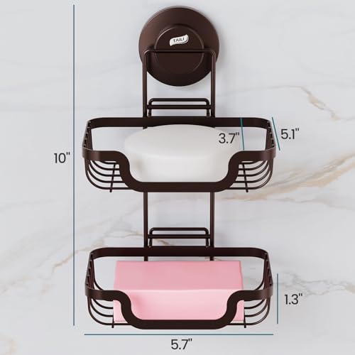 Image of TAILI Soap Holder, Soap Dish Suction Cup with Hooks,Stainless Steel,2 Layer | Soap Dish for Shower, Bathroom Bar soap holder Shower Wall, Stainless Steel Sponge Holder for Tub Kitchen, Brown