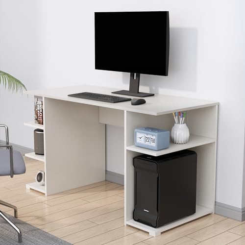 Image of Bniture Wooden Study Table for Home | Engineered Wood Study Table with Side Shelf Storage | Multi Purpose Computer Desk for Writing & Study | Laptop Table for Study Room & Workstation | Frosty White