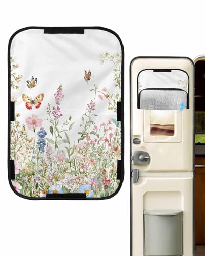 LEOKOTI RV Door Window Shade, Spring Floral Blackout RV Window Shades Foldable, Butterfly Summer Flowers Pastoral Watercolor Privacy Insulation Car Covers 16