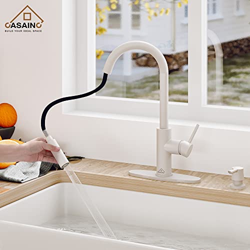 Casainc Kitchen Faucet With Pull Down Sprayer Matte White With Led Function, 1.8 Gpm 16.89In H Touchless Single Handle Kitchen Sink Faucet, Lead-Free Copper For Bar Laundry Kitchen Sink #TOP1