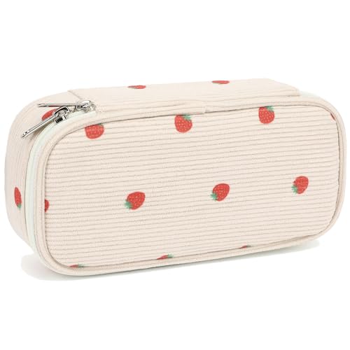 Image of FlowFly Large Capacity Pencil Case for Kids, Boys & Girls - Zippered Multi-Functional Pen Pouch, Soft & Portable Pencil Bag for School, Teens, Students, Corduroy Strawberries Beige