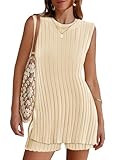Tankaneo 2-teiliges Sommer-Outfit für Damen, Strickpullover, ärmellos, gerippt, Tunika, Tops und Shorts, Urlaub, Strand, Lounge-Set, Beige, M