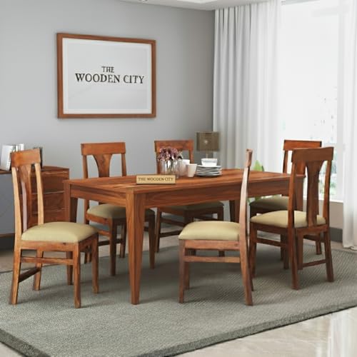 Image of UK FURNITURE Solid Sheesham Wood 6 Seater Dining Table | Wooden Dining Room Set for Home & Office (Honey, 6 Seater)