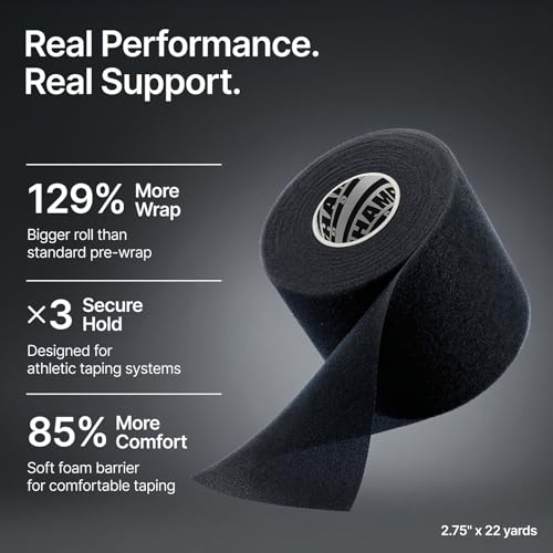 Image of Hampton Adams Pre Wrap Athletic Tape, Non Slip Grip, No Fray Underwrap | Foam underwrap for skin protection, Ankle, wrist & knee, Tape grip base layer, Hair tie for sports 2.75 in x 22 yd rolls