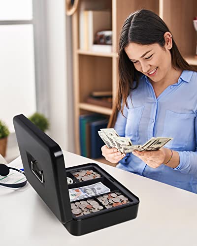 Large Cash Box With Money Tray And Lock, Lovndi Metal Money Box For Cash, Lockbox 11.8 X 9.5 X 3.54 Inches, Black #TOP6