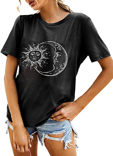 LilyCoco Women s Sun and Moon Graphic Tee Casual Funny Short Sleeve T-Shirt Black X-Large
