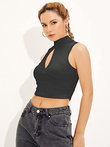 Image of Shasmi Women's & Girl's Black and Maroon Solid Ribbed High Neck Stand Collar Sleeveless Slim Fit Cut Out Tank Tops (Top 43)