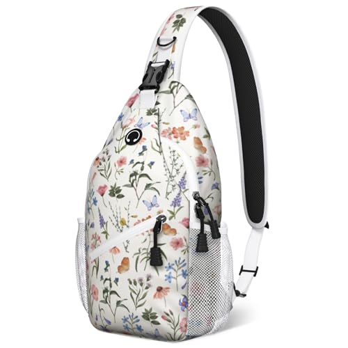 xspgrnm Beige Watercolor Floral Sling Bag Crossbody Chest Bag for Women Men, Water Resistant Lightweight Casual Crossbody Bag with Adjustable Strap, Travel Hiking Daypack Shoulder Backpack