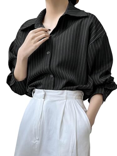 Image of Aahwan Solid Button Up Drop Shoulder Vertical Stripe Pattern Casual Long Sleeve Shirt for Women's & Girl's