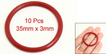 A single red rubber O-ring with '10 Pcs 35mm x 3mm' text next to it, and a smaller inset image showing the O-ring held in a hand for scale.