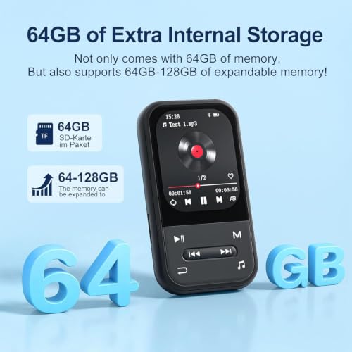 Image of 64GB Clip MP3 Player with Bluetooth 5.3, Music Player with FM Radio & Voice Recorder, E-Book, Portable Music Player Running & Workout, Supports up to 512GB, Earphones Included