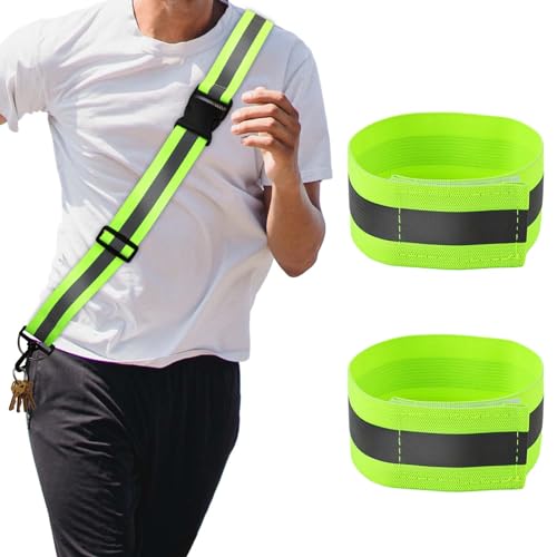 PEUTIER 3pcs Reflective Running Gear, Reflective Shoulder Strap with 2pcs Running Arm Band High Visibility Night Reflector Bands for Men Women Walking Running Cycling