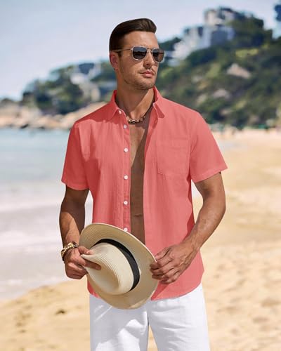 Image of J.VER Mens Linen Shirt Short Sleeve Button Down Casual Summer Shirts | Cotton Linen, Untucked, Big Tall, from Beach Camp Vacation, Cruise Fishing, Work Office, to Wedding Party Family, with Pocket
