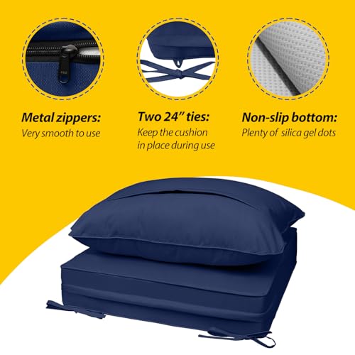 Image of AAAAAcessories Outdoor Deep Seat Cushions, Waterproof, Fade-Resistant Patio Furniture Replacement Cushions, 25.5 inch x 25.5 inch x 5 inch + 25.5 inch x 19 inch, Set of 2, Navy Blue