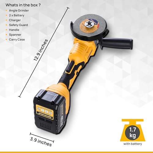 Image of Tomahawk T-32052 21V Cordless Brushless Angle Grinder 4 Inch | 3 Speed Control (8500 /5500 /3500 RPM) | 2 x 3.0Ah Batteries | Trigger Lock | Battery Level Indicator | Home & DIY Use