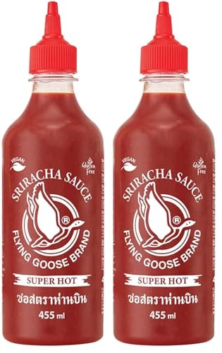 FLYING GOOSE Sriracha Chilisauce, mit extra Chili, sehr scharf, rote Kappe, sehr scharfe Würzsauce aus Thailand, 1 x 455 ml (Packung mit 2) FLYING GOOSE Sriracha Chilisauce, mit extra Chili, sehr scharf, rote Kappe, sehr scharfe Würzsauce aus Thailand, 1 x 455 ml (Packung mit 2)