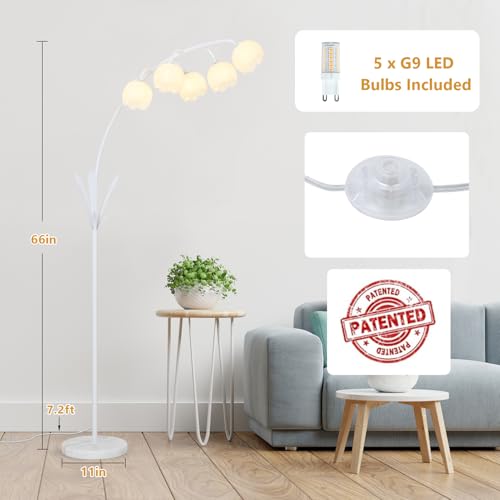 Image of HMVPL White Floral Floor Lamp, Cute Flower Standing Lamp for Bedroom, Modern Tall Lamp with 5 G9 LED Bulbs, Foot Switch, Acrylic Shade, Curved Floor Lamp for Living Room Corner Bedside Kids Home Decor