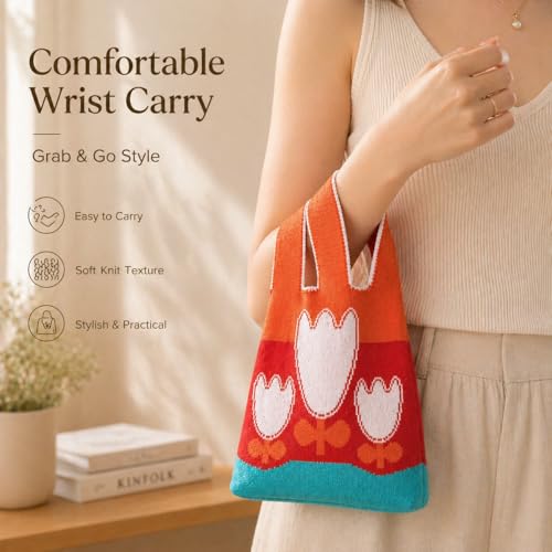 Image of Kawn Crochet Wrist Handbag for Women Wristlet Sleeve Knot Pouch Portable knitted breathable lightweight foldable Casual Small Purse Cute Tote Bag For Shopping, Dating, Travel
