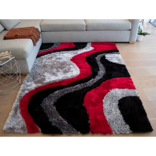 8x10 Feet Dark Red Black Gray Color Large Shag Shaggy 3D Fuzzy Furry Area Rug Carpet Rug Bedroom Living Room Decorative Designer Modern Contemporary Soft Plush Pile Canvas Non Slip Backing Quality