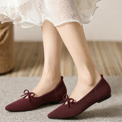 Image of TINGRISE Women's Pointed Toe Flats Comfortable Knit Ballet Shoes Washable Dressy with Bow Business Casual Work Shoes
