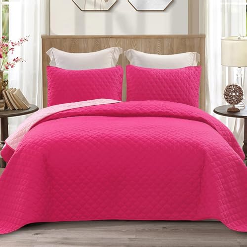 Exclusivo Mezcla Reversible Full Queen Quilt Bedding Set with Pillow Shams, Lightweight Quilts Queen Size, Soft Bedspreads Bed Coverlets for All Seasons - (Hot Pink, 90"x96")