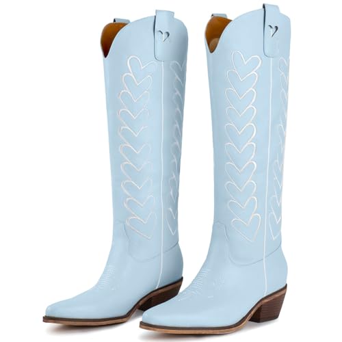 Yolkomo Cowboy Boots for Women Knee High Cowgirl Boots with Hearts