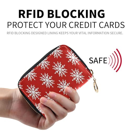 Small RFID Credit Card Holder Wallet with Zipper, Leather Wallet Case for Women Snowflake2